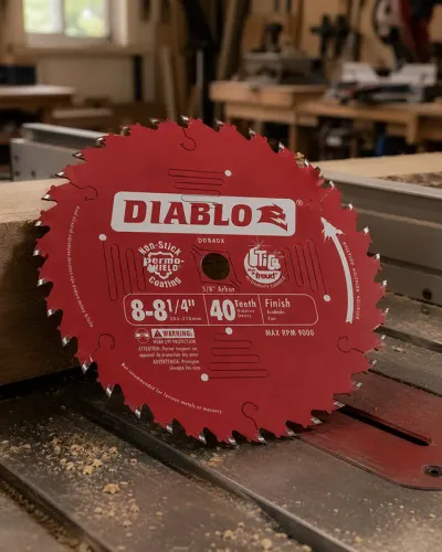 An 8-1/4-inch table saw blade resting on the cast aluminum table of a compact jobsite table saw