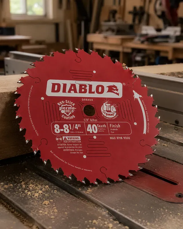 An 8-1/4-inch table saw blade resting on the cast aluminum table of a compact jobsite table saw