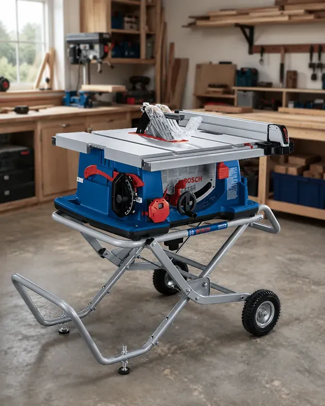 Bosch 4100XC-10 jobsite table saw mounted on its wheeled Gravity-Rise stand ready for transport