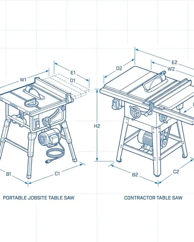 A portable jobsite table saw shown beside a heavier contractor table saw, highlighting the difference in table size, base structure, and motor layout.