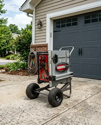 A compact portable table saw folded up on a rolling stand in a driveway