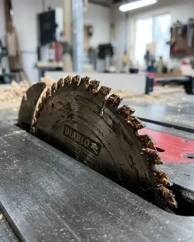 A close-up of a table saw blade showing brown resin and pitch buildup on the carbide teeth.