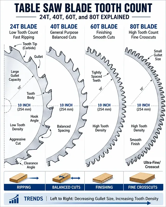 Comparison of 10-inch table saw blades showing differences in tooth spacing and gullet depth
