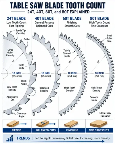 Comparison of 10-inch table saw blades showing differences in tooth spacing and gullet depth