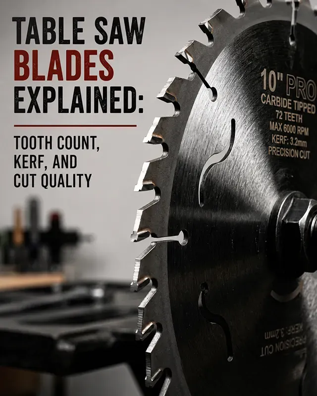 A close-up profile of a 10-inch table saw blade showcasing carbide-tipped teeth and expansion slots.