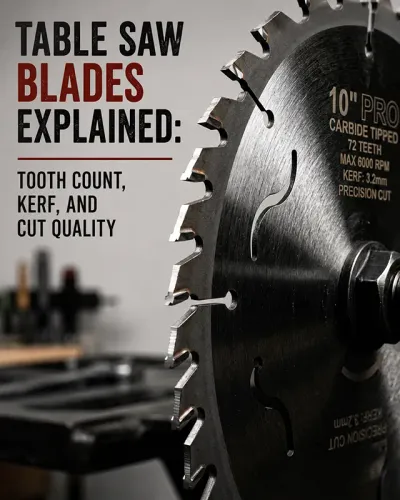 A close-up profile of a 10-inch table saw blade showcasing carbide-tipped teeth and expansion slots.