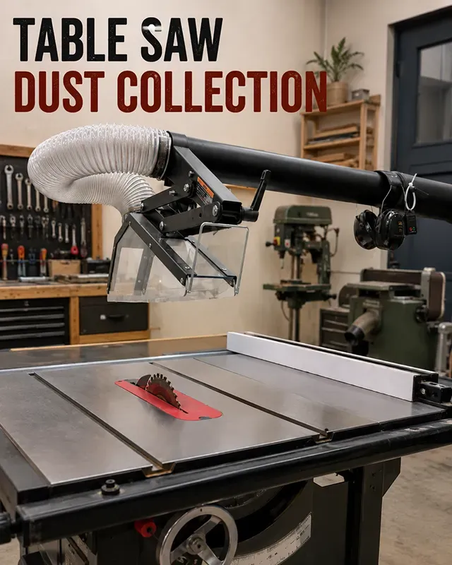 A heavy-duty flex hose connected to the 4-inch dust port of a cabinet table saw