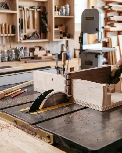 A wooden finger joint jig set up on a table saw with a flat top blade cutting a workpiece.