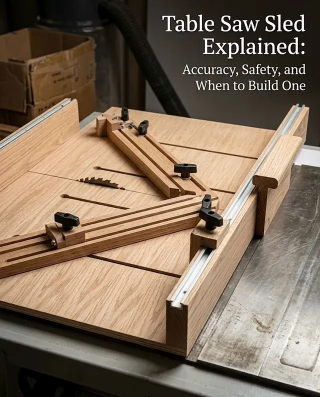 A heavy-duty wooden crosscut sled sitting on a cast iron table saw top