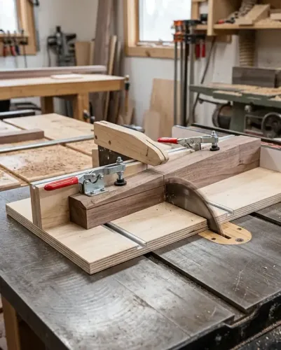 A table saw taper jig holding a wooden leg with toggle clamps as the jig guides an angled cut past the blade
