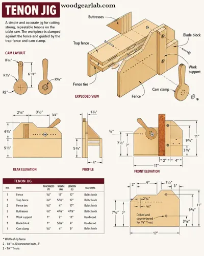 A heavy-duty cast iron table saw tenon jig holding a piece of walnut hardwood vertically on a cast iron saw table.