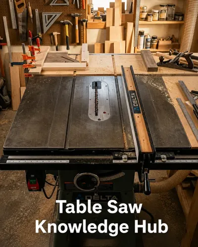 Overhead view of a cast iron table saw showing the blade, throat plate, and rip fence