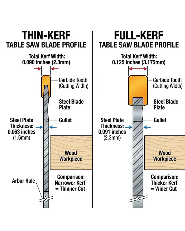 A side-by-side profile comparison of a thin-kerf and full-kerf table saw blade, highlighting the difference in carbide width and steel plate thickness.