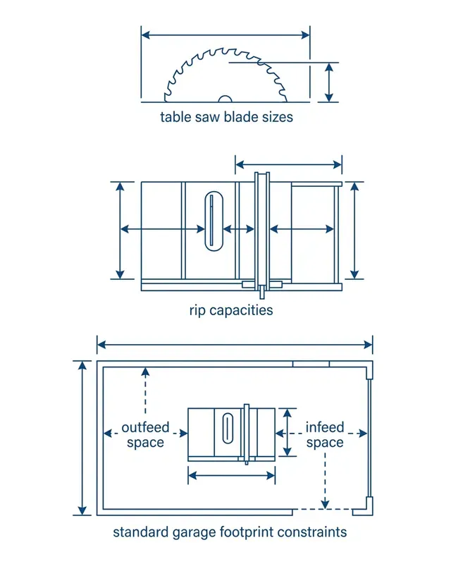 Diagram showing table saw blade sizes, rip capacities, and standard garage footprint constraints