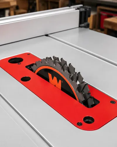 An 8-inch stacked dado blade installed in a table saw with a red dado throat plate