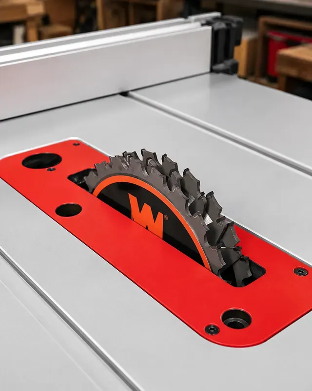 An 8-inch stacked dado blade installed in a table saw with a red dado throat plate